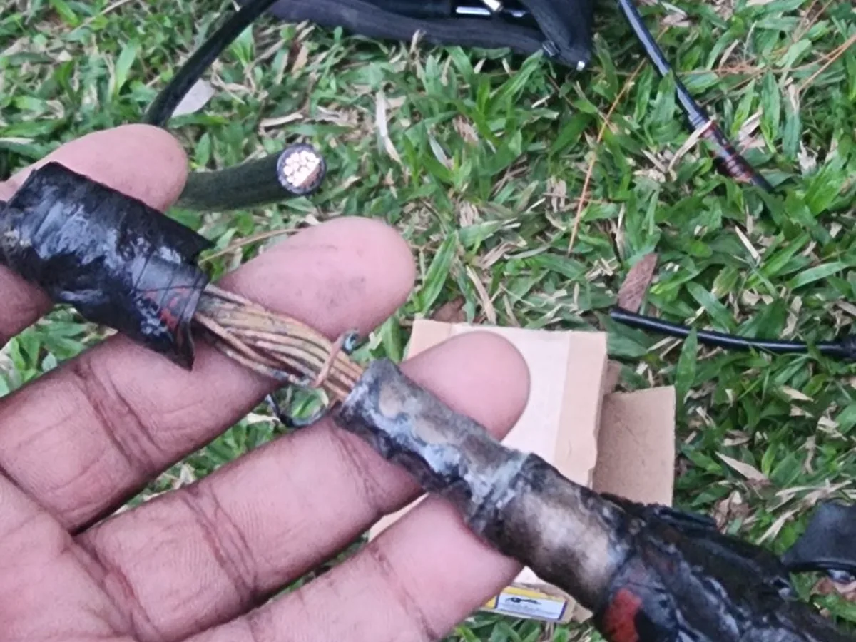 Damaged electrical service cable being inspected