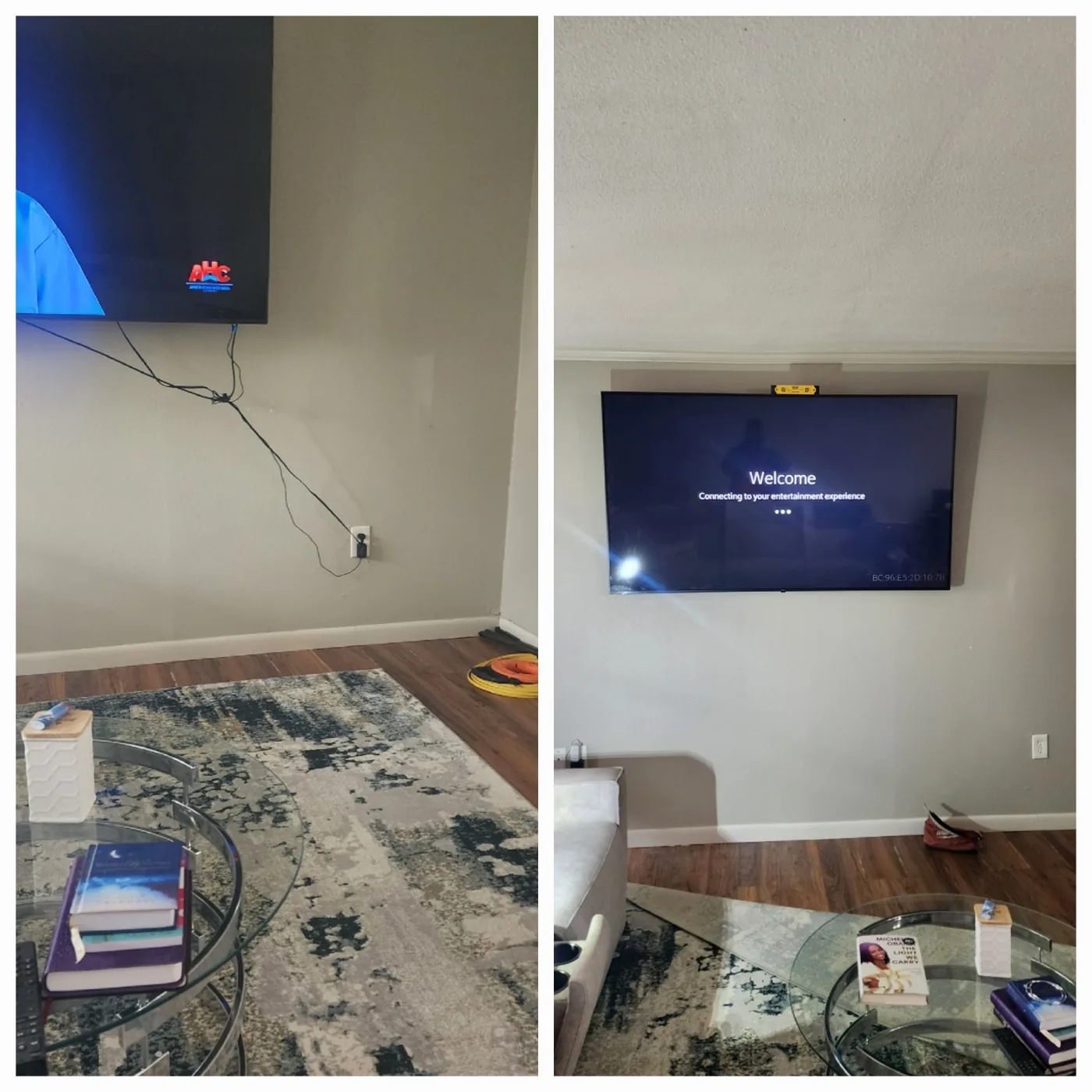 Before and after TV wall mounting with wires cleaned up