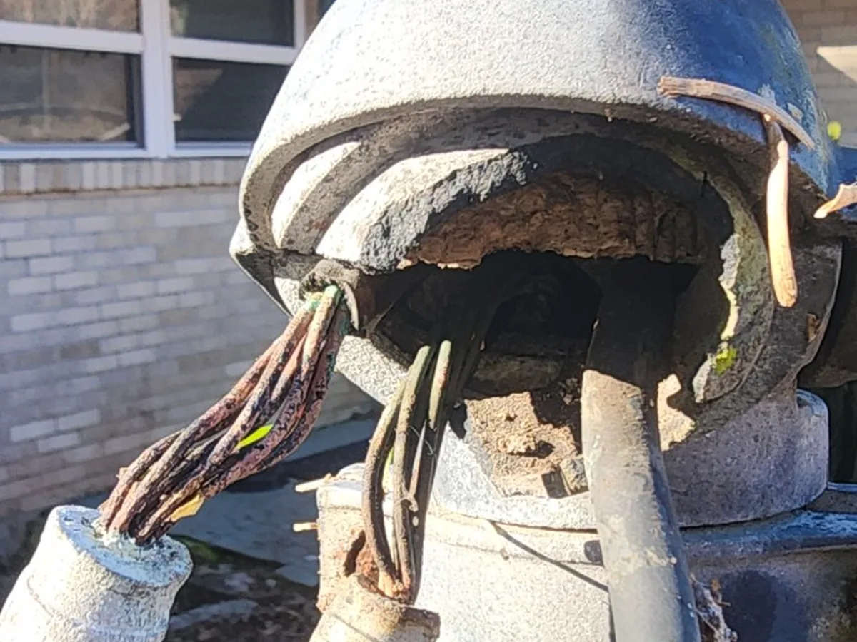 Aged and damaged service entrance conductors at a weatherhead